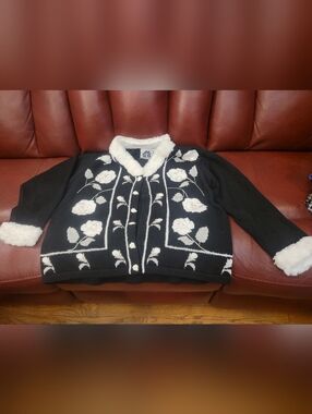 Storybook Knits Black Cardigan with White Rose Embroidery and Faux-Fur Trim